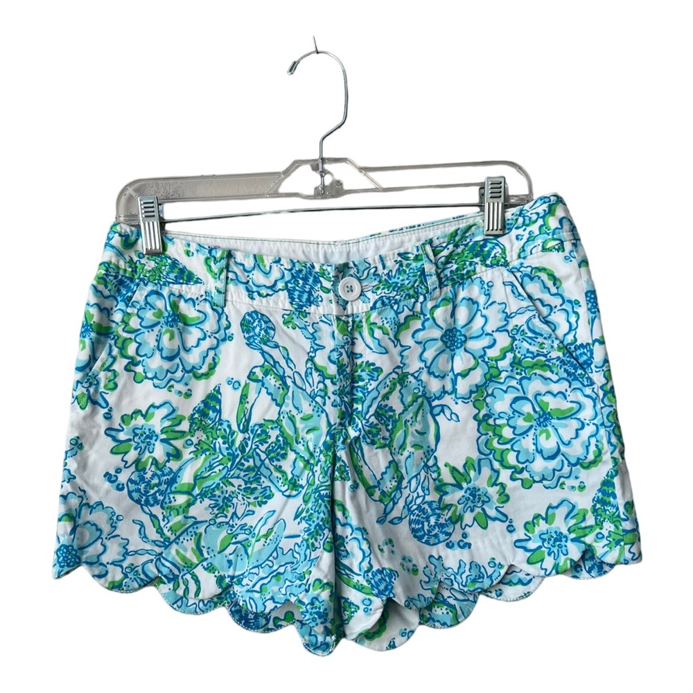 Lilly Pulitzer White Blue Green Floral Scallop Hem Shorts
